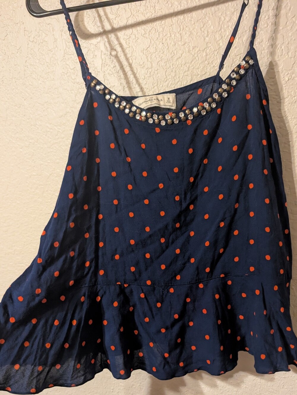 A&F Navy & Red Polka Dot Sparkle Hardware Ruffle Crop Top Braided Straps, Size M
